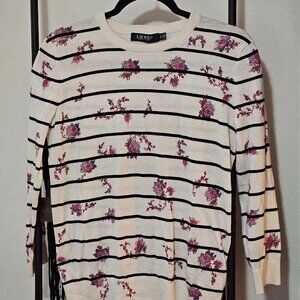 Lauren Ralph Lauren Striped Floral Knit Pullover Sweater Cream Black Purple S